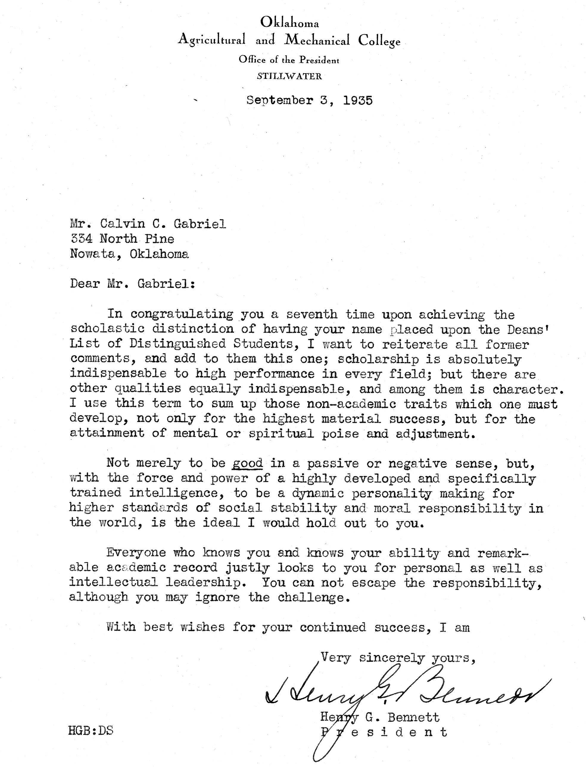 President Bennett Letter to Calvin 1